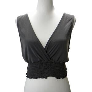 Urban Outfitters Women's Surplice Wrap Crop Top Smocked Hem Sleeveless Gray M